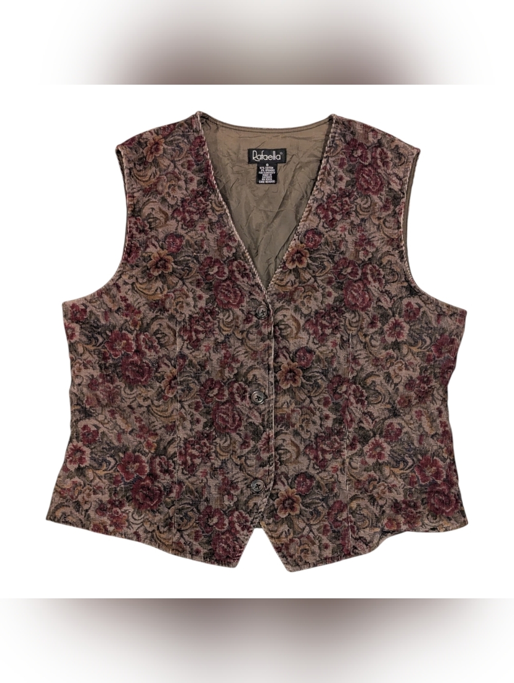 Rafaella Women's Brown Burgundy Corduroy Floral Vest - Sz 8